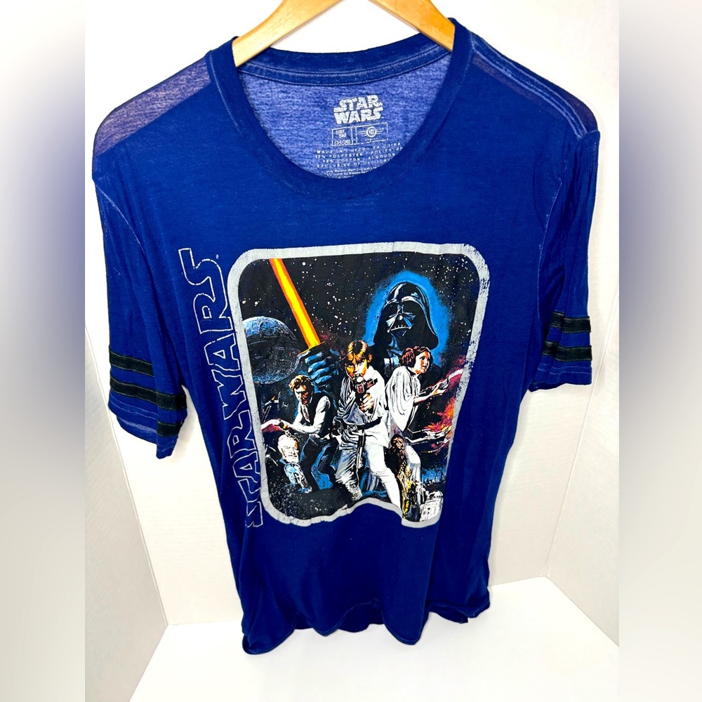 STAR WARS Women's Navy Blue Sheer Short Sleeve Graphic Tee SM Luke Skywalker